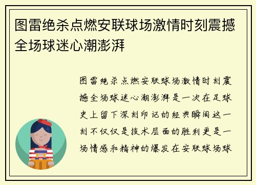 图雷绝杀点燃安联球场激情时刻震撼全场球迷心潮澎湃
